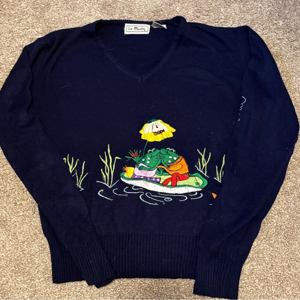 Vintage Navy Sweater with Frog and Umbrella Design